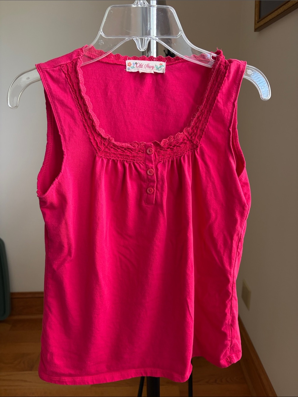 Old Navy Hot Pink Lace-Trim Button Tank Top